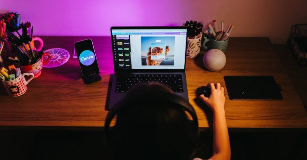 A young girl using a laptop for design work at a colorful home desk setup.